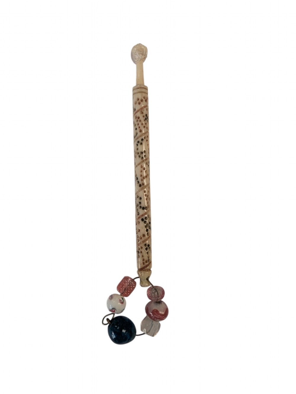 Three turned antique lace bobbins crafted from bone and wood, each featuring decorative wire-bound glass bead spangles. View IV