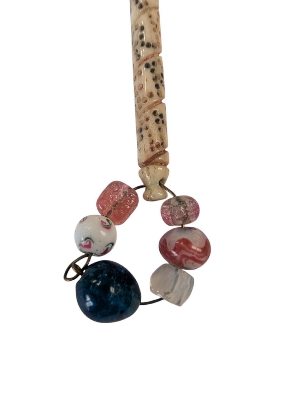 Three turned antique lace bobbins crafted from bone and wood, each featuring decorative wire-bound glass bead spangles. View VI