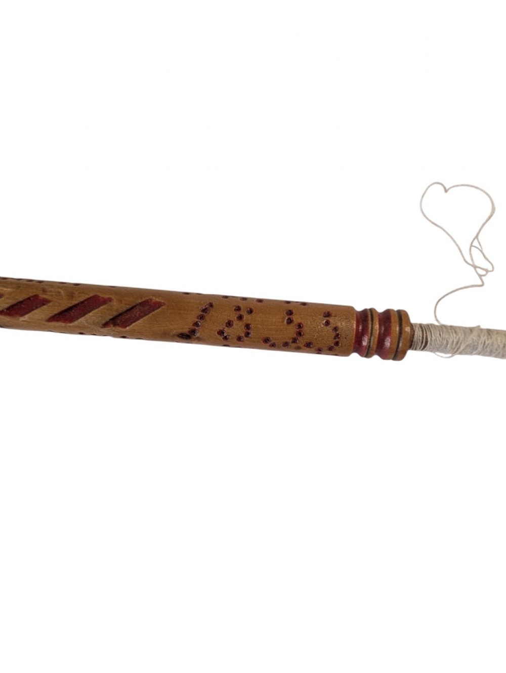 Three turned antique lace bobbins crafted from bone and wood, each featuring decorative wire-bound glass bead spangles. View VII