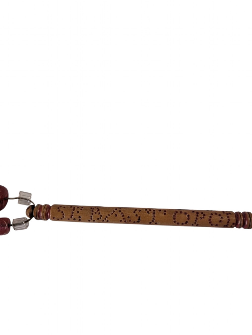 Three turned antique lace bobbins crafted from bone and wood, each featuring decorative wire-bound glass bead spangles. View VIII