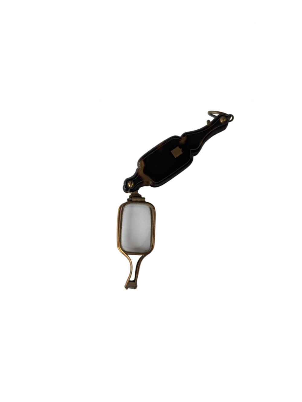 A French antique folding lorgnette with a faux tortoiseshell protective case and brass-framed rectangular lenses extended. View IV