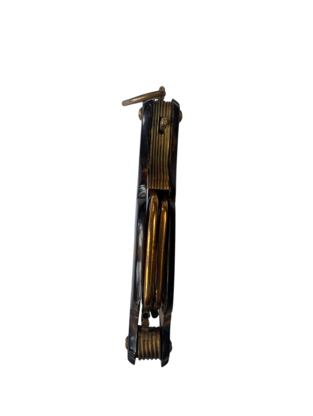 A French antique folding lorgnette with a faux tortoiseshell protective case and brass-framed rectangular lenses extended. View V