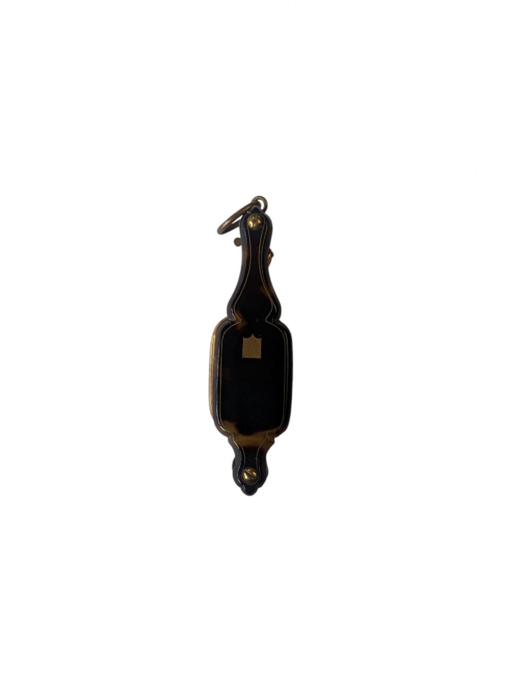 A French antique folding lorgnette with a faux tortoiseshell protective case and brass-framed rectangular lenses extended. View VI