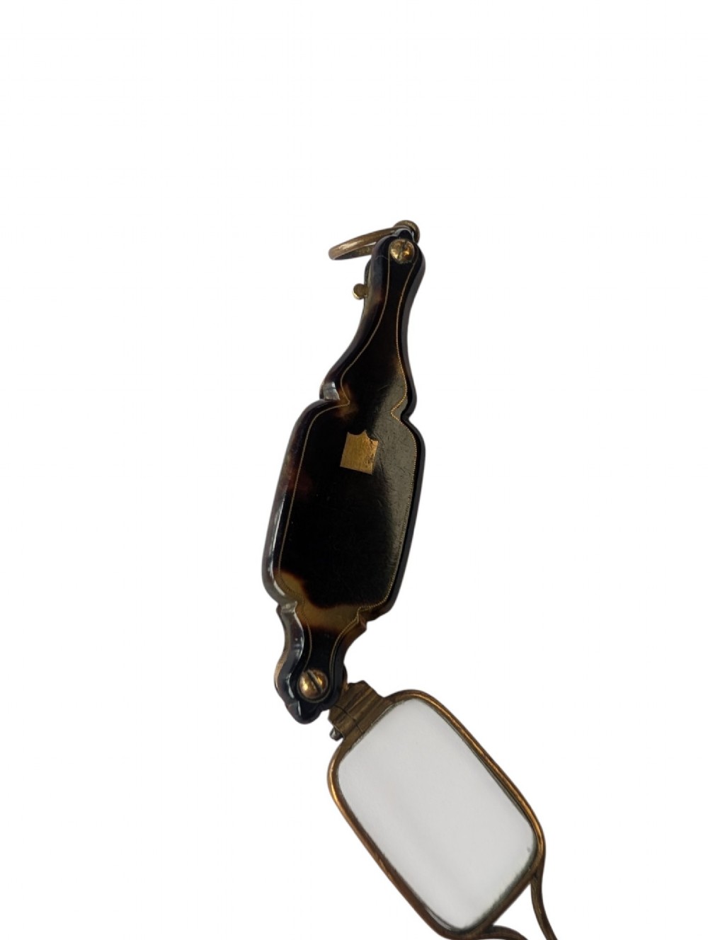 A French antique folding lorgnette with a faux tortoiseshell protective case and brass-framed rectangular lenses extended. View VII