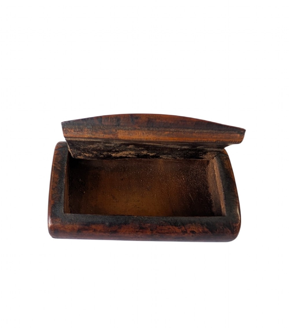 A 19th-century rectangular dark burr wood snuff box with an oval centre inlay and integrated wooden hinges. View III
