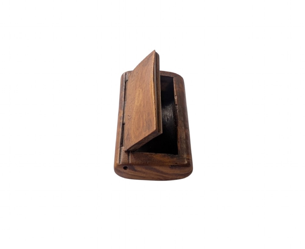 A small rectangular 19th-century carved wooden snuff box featuring an integral wooden hinge and a central oval wood inlay. View V