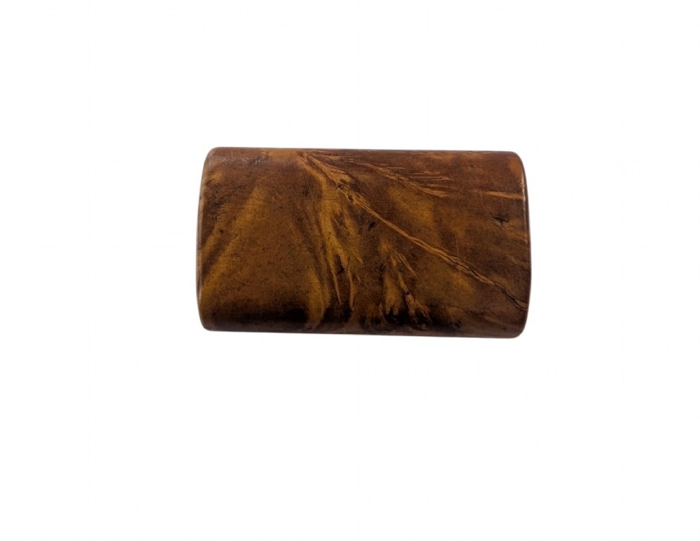 A small rectangular 19th-century carved wooden snuff box featuring an integral wooden hinge and a central oval wood inlay. View VI