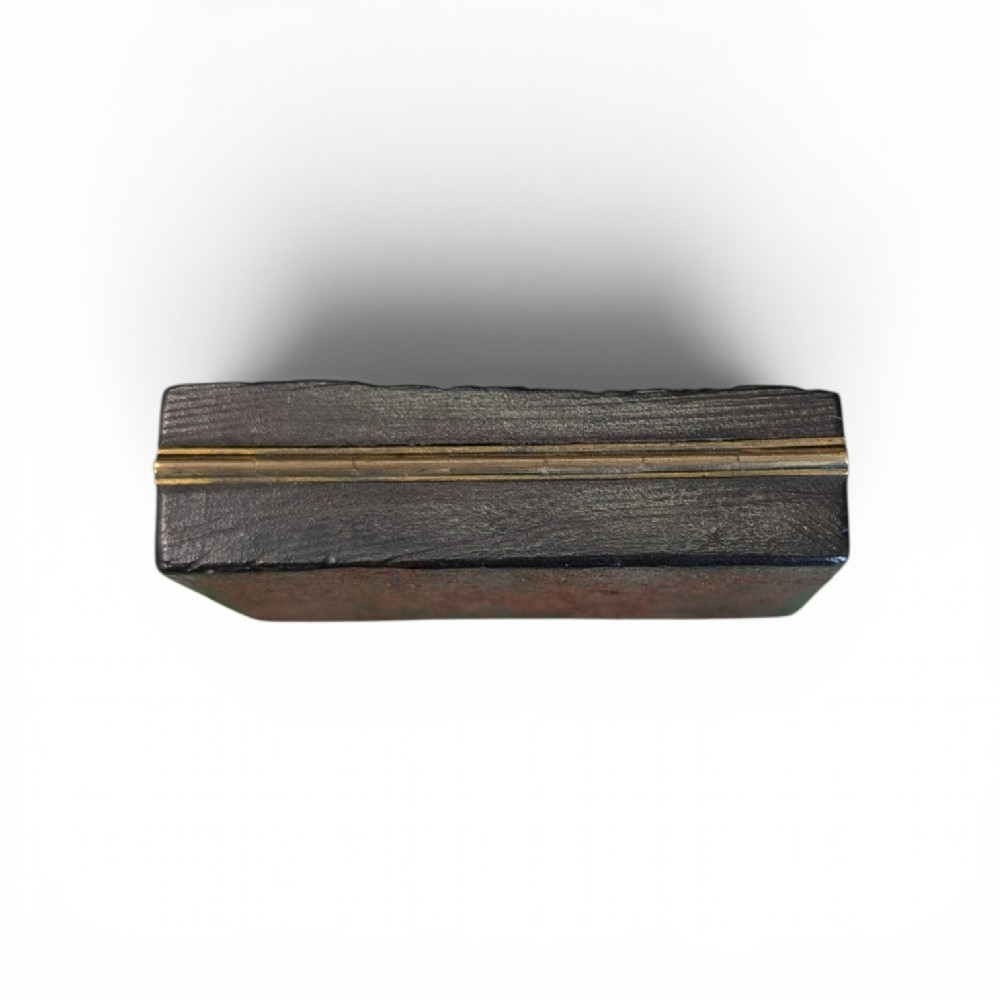 A rectangular 19th-century dark brown rhinoceros hide snuff box featuring an ornate gilt metal central cartouche and matching clasp. View II