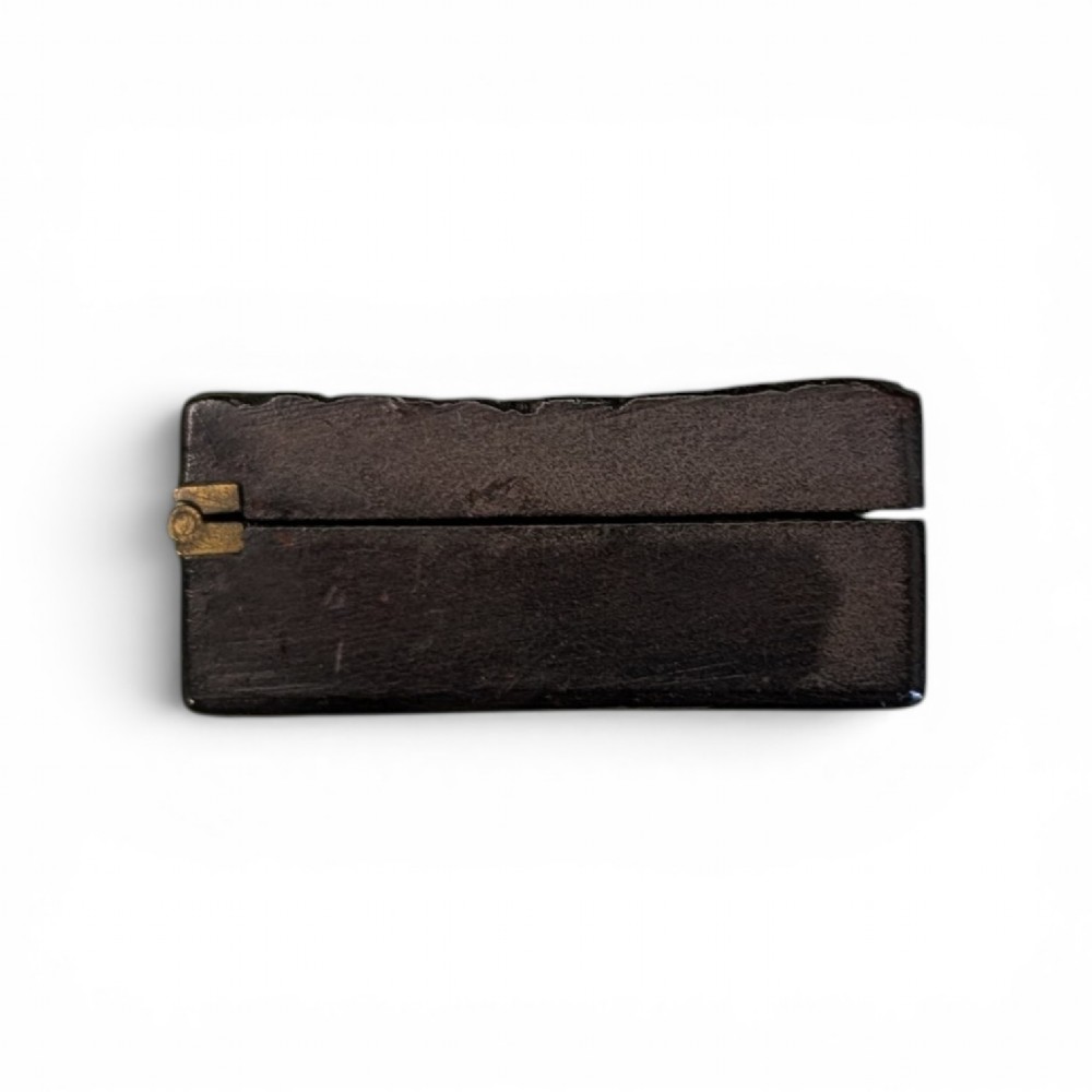 A rectangular 19th-century dark brown rhinoceros hide snuff box featuring an ornate gilt metal central cartouche and matching clasp. View V