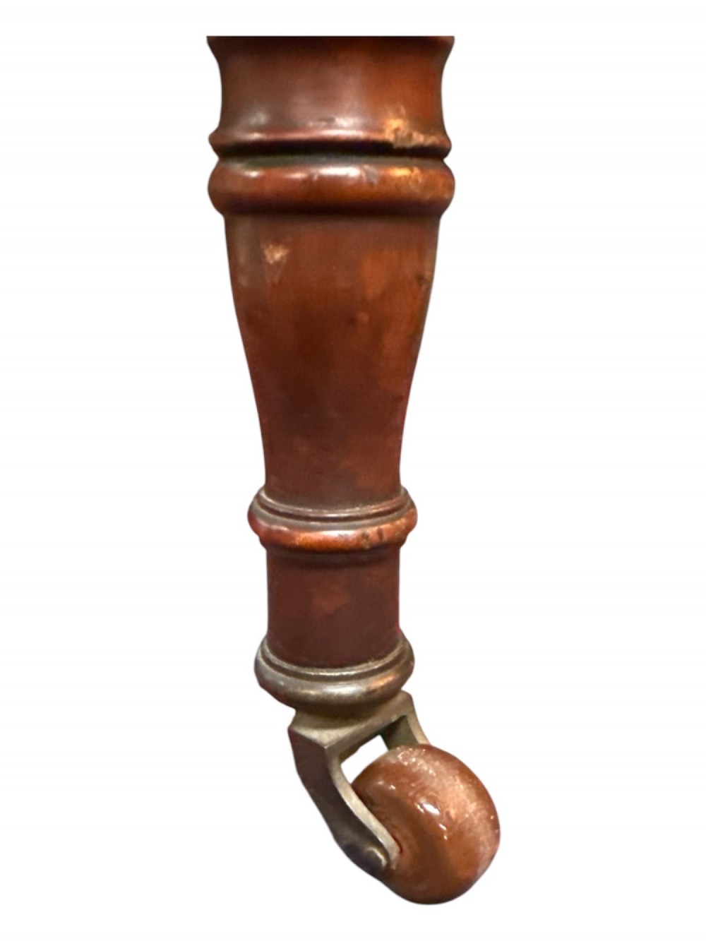 An antique warm brown oak library table featuring turned fluted legs, vertical spindle stretchers, and a polished rectangular top with rounded edges. View V