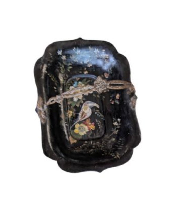 Victorian black lacquered papier-mache basket featuring hand-painted floral motifs, a bird illustration, a scalloped border, and a gilt metal swing handle. View III