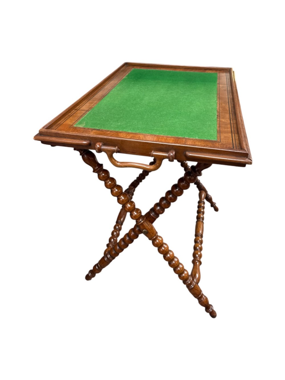 A late 19th-century Sorrento Ware marquetry butlers tray table featuring pictorial wood inlay on a folding bobbin-turned leg stand. View II