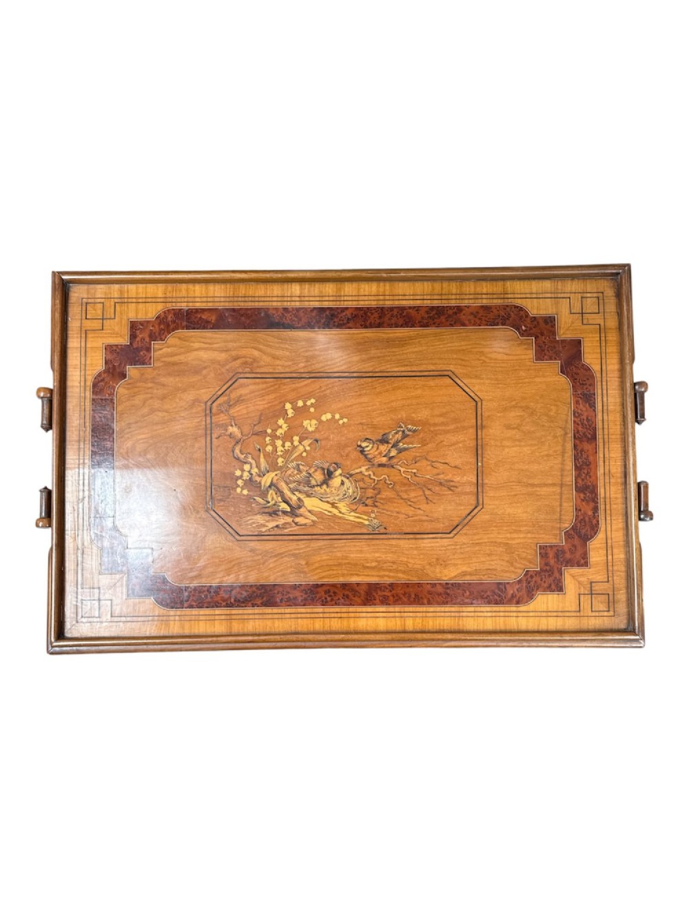 A late 19th-century Sorrento Ware marquetry butlers tray table featuring pictorial wood inlay on a folding bobbin-turned leg stand. View V