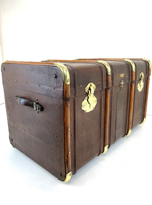 Large Beechwood Banded Travel Trunk with Tray and Brass Studs & Locks - Circa 1880