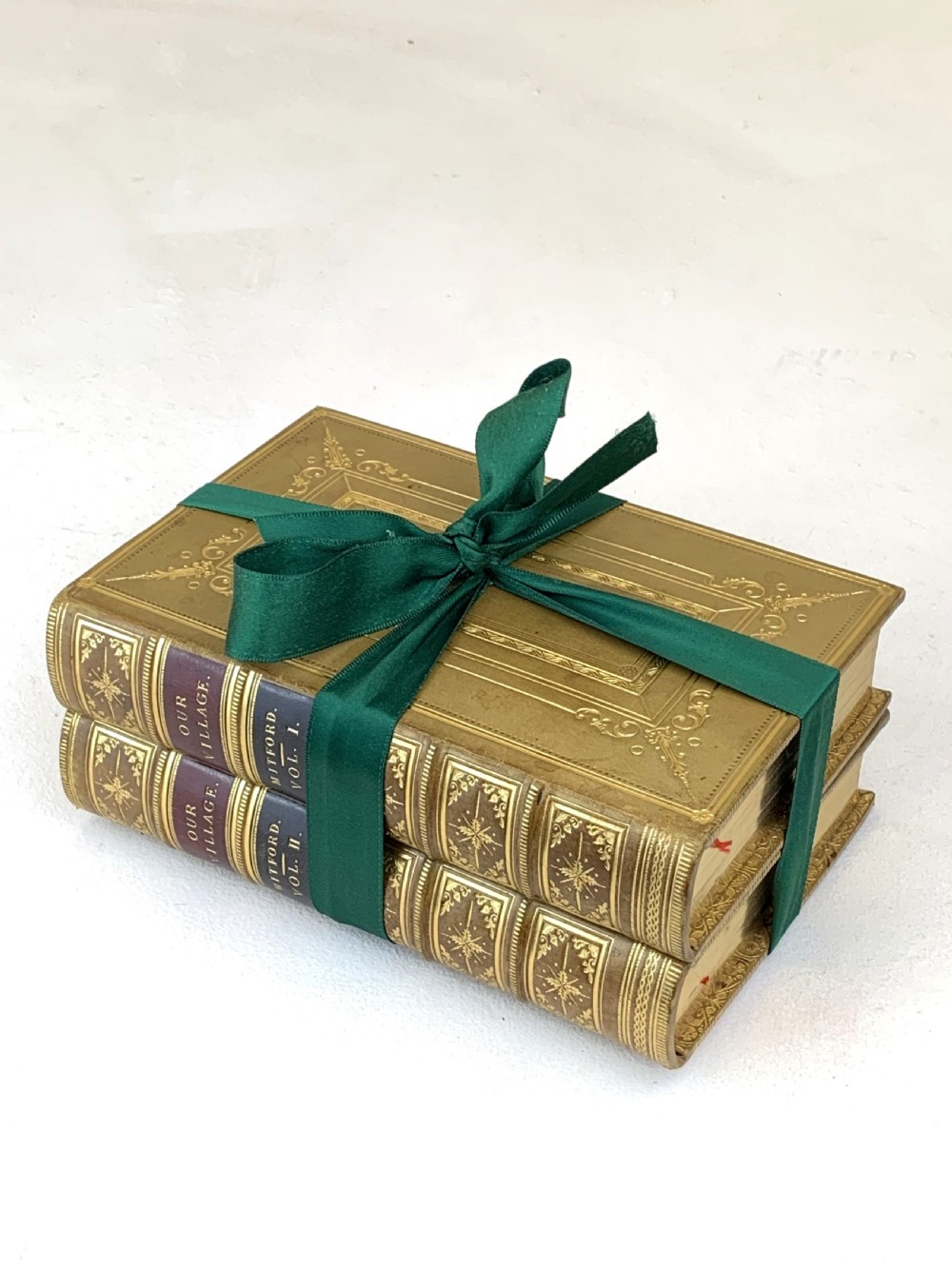 A two-volume set of 1848 leather-bound books titled Our Village, featuring elaborate gold tooling and raised spine bands. View XXI