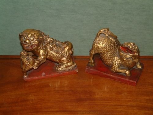 Pair of Victorian Oriental Dogs of Foo Carved Giltwood