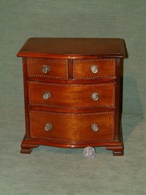 Miniature Edwardian Mahogany Inlaid Serpentine Chest of Drawers with Brass Knobs