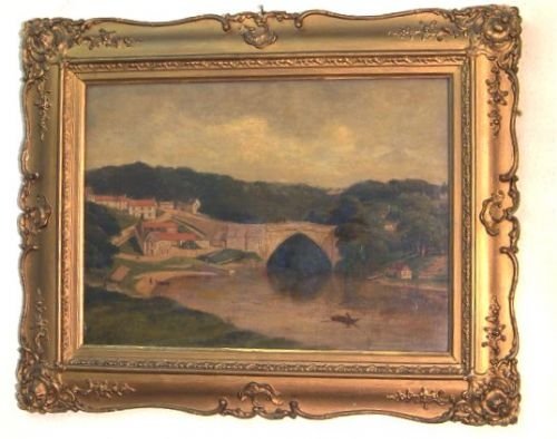 European River Bridge Scene 18th Century Oil Painting on Canvas
