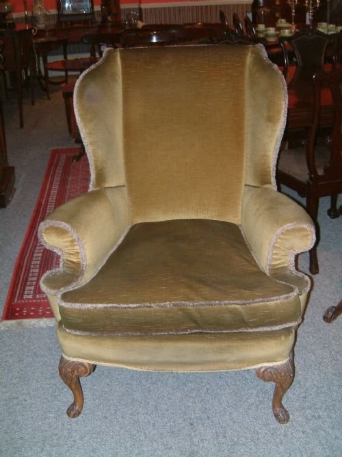 1920’S Queen Anne Style Wing Chair with Carved Cabriole Legs