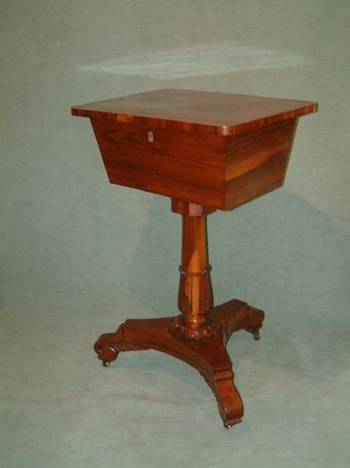 William 1vth  Rosewood Teapoy
with Well Figured Top Revealing Twin Tea Canisters Supported on Carved Pedestal Base