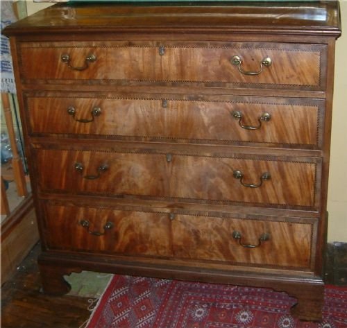 18th Century Faded Mahogany Chest of Drawers with Herringbone Inlay & Original Brass Handles