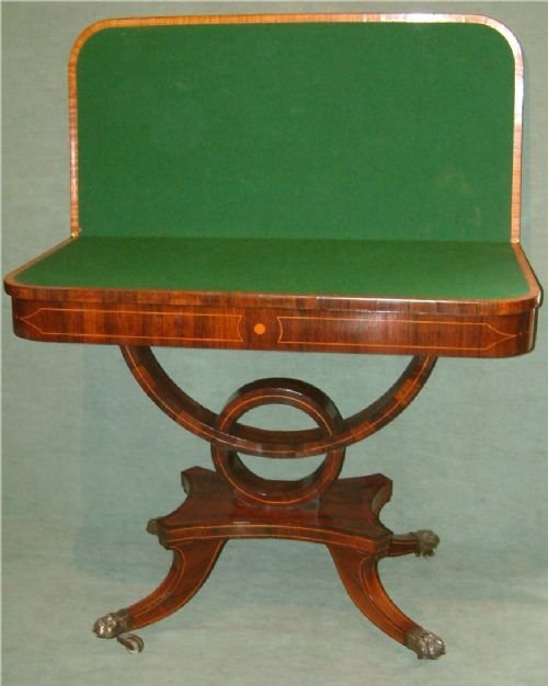 Regency Rosewood Inlaid Pedestal Card Table with Satinwood Banding & Boxwood Fleur De Lys Inlay