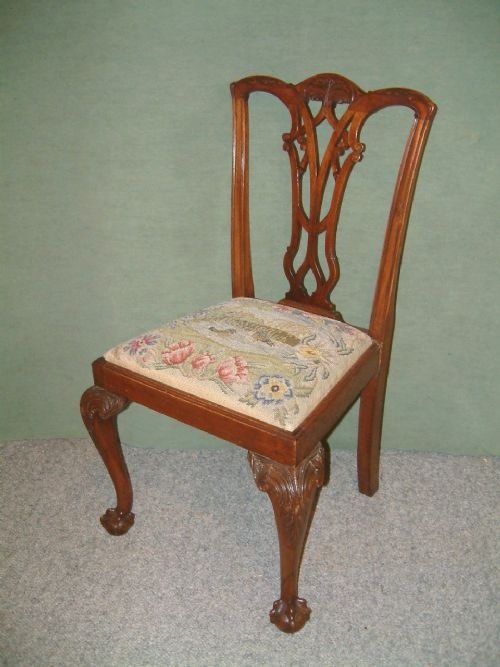 Set of 8 (2+6) Mahogany Edwardian Chippendale Dining Chairs with Tapestry Upholstered Seats