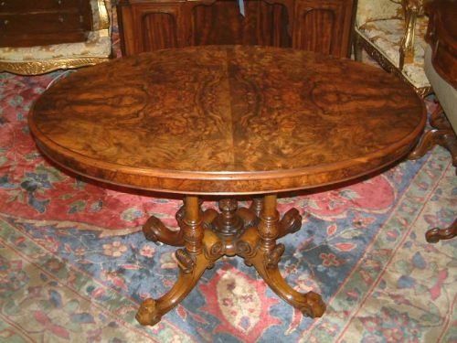Victorian Burr Walnut Centre Pedestal Library Table