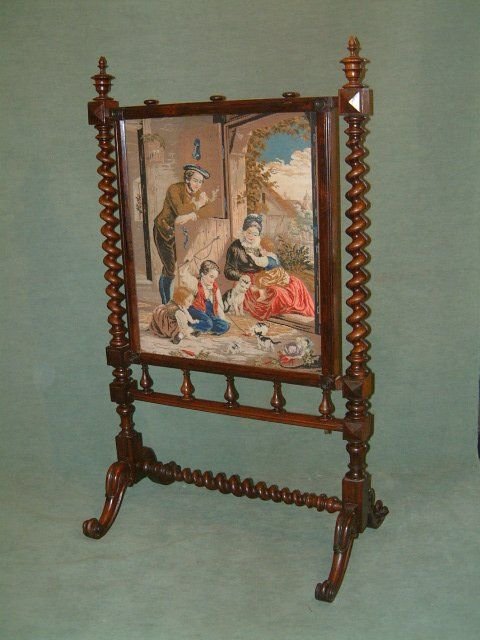 Early Victorian Rosewood & Original Woolwork Firescreen