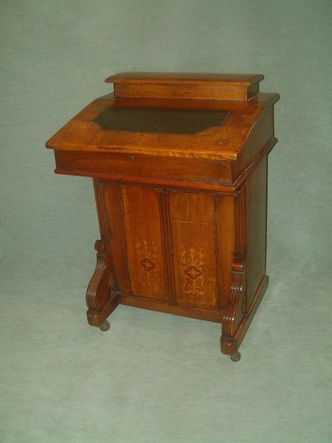 Small Inlaid Walnut Edwardian Davenport with Cupboard to Base