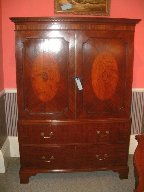 George 3rd Linen Press Inlaid with Satinwood Etc Retaining Original Linen Slides