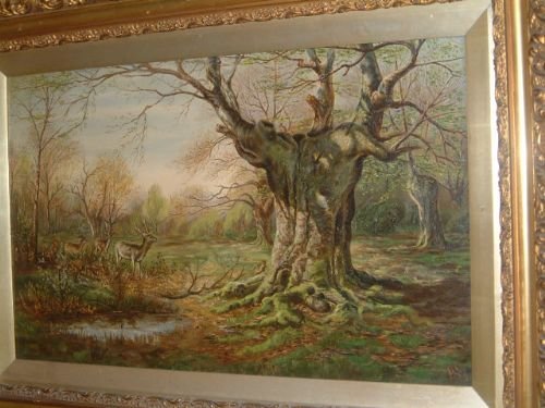 Oil on Canvas Woodland Scene with Deer 19thc Signed  “Le”?