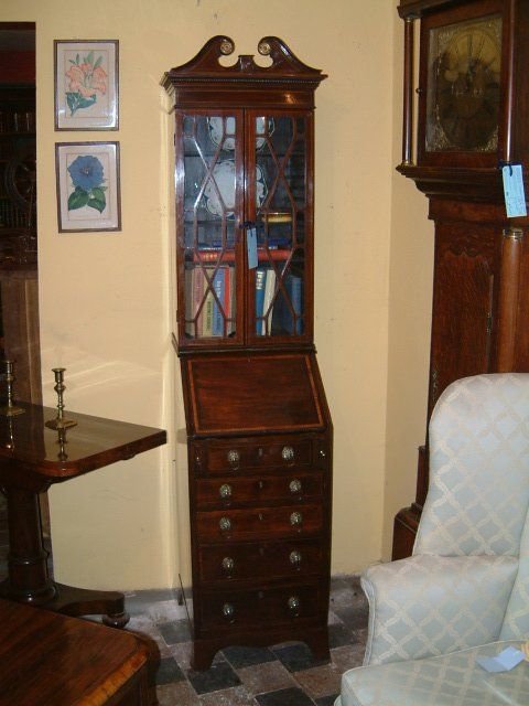 Exceptionally Narrow Edwardian Mahogany Inlaid Bureau Bookcase