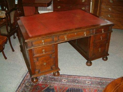 Victorian Oak Partners Desk with Original Brasses with Carved/reeded Decoration on Bun Feet