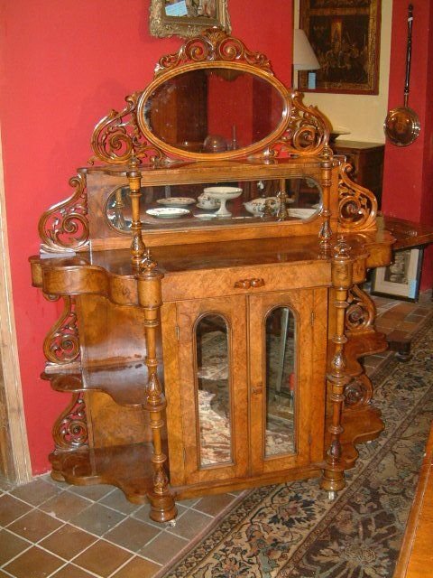 Victorian Burr Walnut Carved & Mirrored Side Cabinet/chiffonier