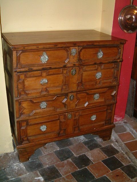 Early 18th Century Fruitwood Chest of Drawers with Geometrically Moulded Front  & Panelled Sides