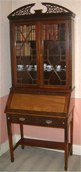 Edwardian Chippendale Revival Mahogany Bureau Bookcase