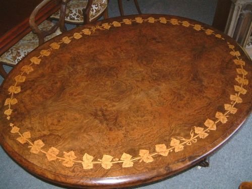 Victorian Burr Walnut & Inlaid Oval Pedestal Dining/centre Table