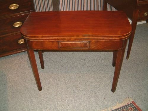 George 3rd Mahogany Fold Over Tea Table with Drawer & Boxwood Lines