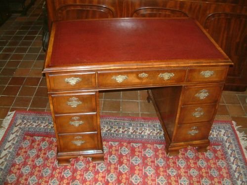 Victorian Walnut Pedestal Writing Desk with Red Leather Top