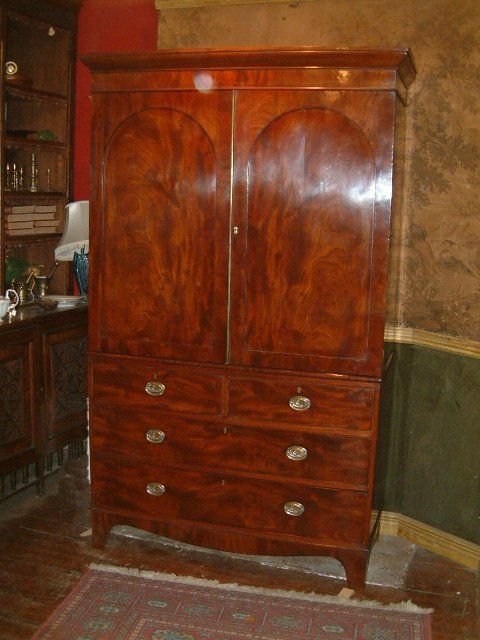 Early Victorian Mahogany Linen Press, Now with Hanging Space Over Drawers