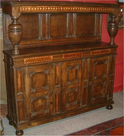 Late 17th Century Oak Court Cupboard Deuddarn Mid Wales with Yew Wood Panels and Inlay Comprising of Sycamore Walnut & Holy & Other Woods.