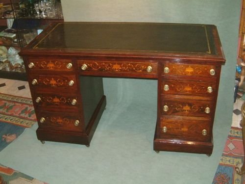 Victorian Sheraton Revival Rosewood & Inlaid Pedestal Writing Desk