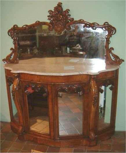 Victorian Burr Walnut & Elm Marble Top Credenza Sideboard