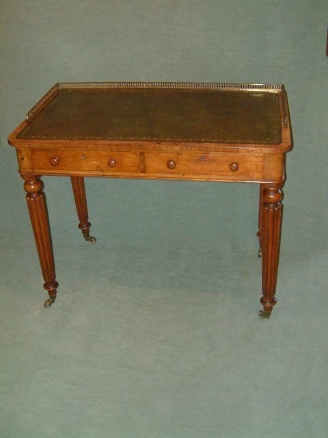 19th C Walnut Writing Table with Original Brass Gallery in the Manner of Gillow & Co