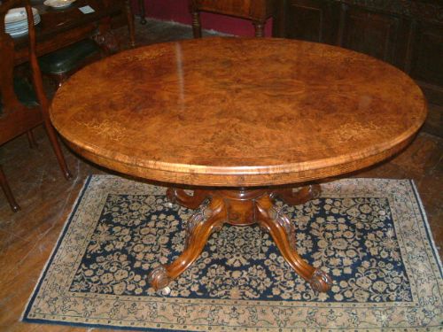 Victorian Burr Walnut & Inlaid Loo/breakfast Table on Nicely Carved Pedestal