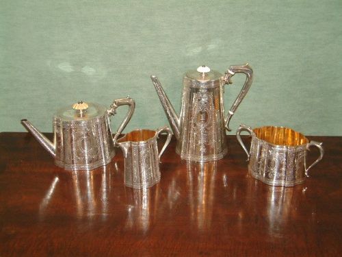 19thc Elkington Silver Plated Tea & Coffee Set with Gold Plating to the Sugar Pot & Cream Jug