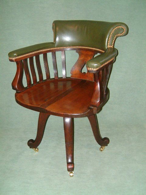 19th Century Mahogany Swivel Desk Chair with Brass Studded Upholstery