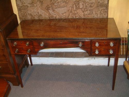 George 3rd Mahogany Writing Table with Inlaid Lines & Brass Knobs