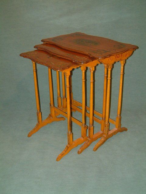 Superb Set of Three Edwardian Satinwood & Painted Nest of Tables